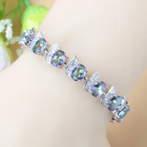 12-Color Mystic Rainbow Stone CZ Jewelry Women Costume 925 Mark Chain Bracelet Bangle Adjustable Length 18 3CM