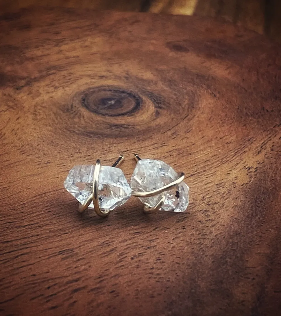 14 Karate gold wire wrapped Herkimer diamond studs