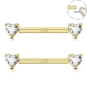 14K Gold 14G Threadless Push Pin Heart CZ Nipple Barbell Rings