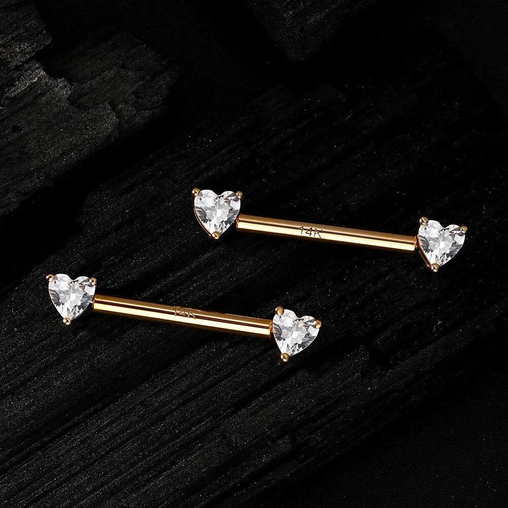 14K Gold 14G Threadless Push Pin Heart CZ Nipple Barbell Rings