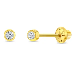 14k Gold Bezel Set Diamond Baby / Toddler / Kids Earrings Safety Screw Back