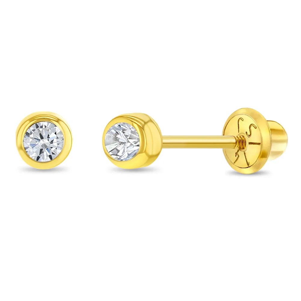 14k Gold Bezel Set Diamond Baby / Toddler / Kids Earrings Safety Screw Back