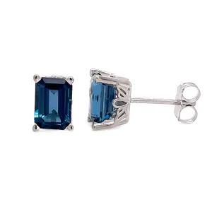 14K Gold London Blue Topaz Earrings Emerald Cut Studs