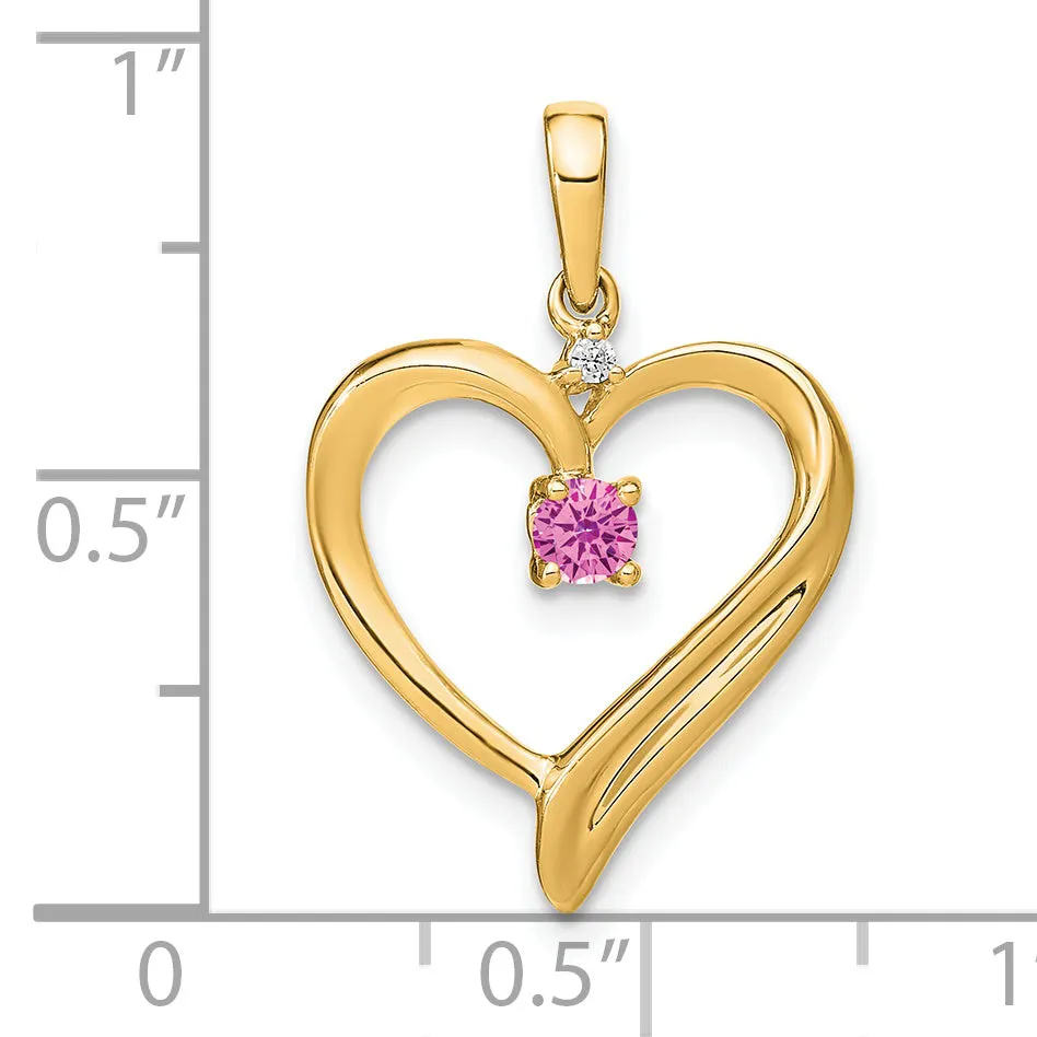 14k Yellow Gold Created Pink Sapphire and Diamond Heart Pendant