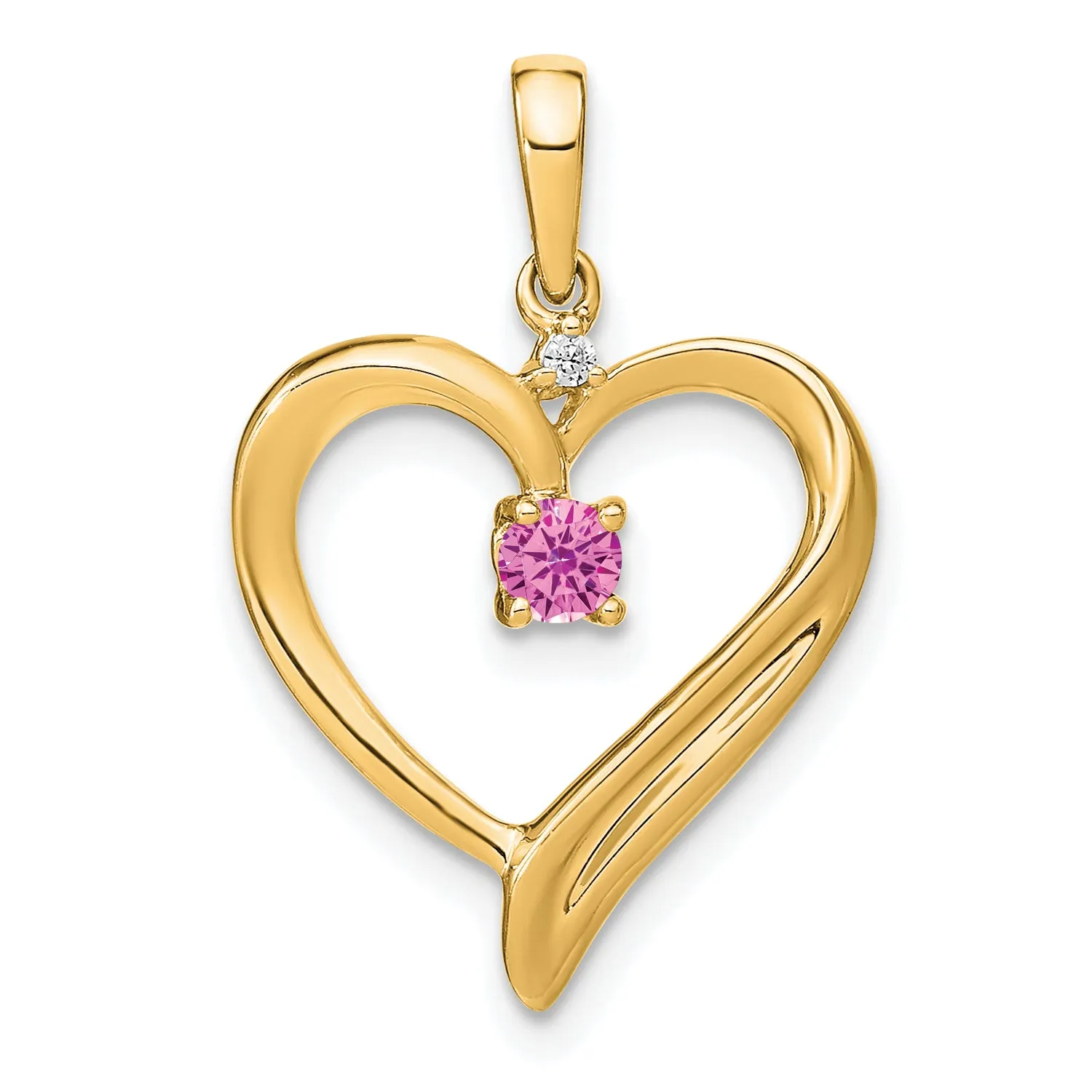 14k Yellow Gold Created Pink Sapphire and Diamond Heart Pendant