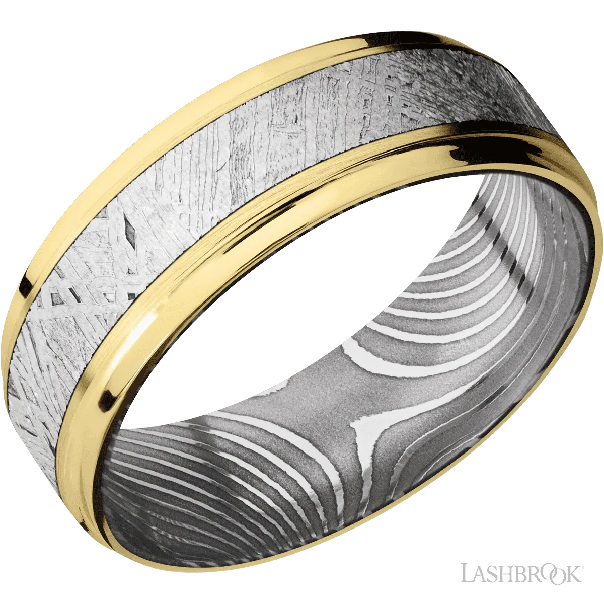 14K Yellow Gold with Satin , Polish Finish and Meteorite Inlay and Flattwist - 7MM