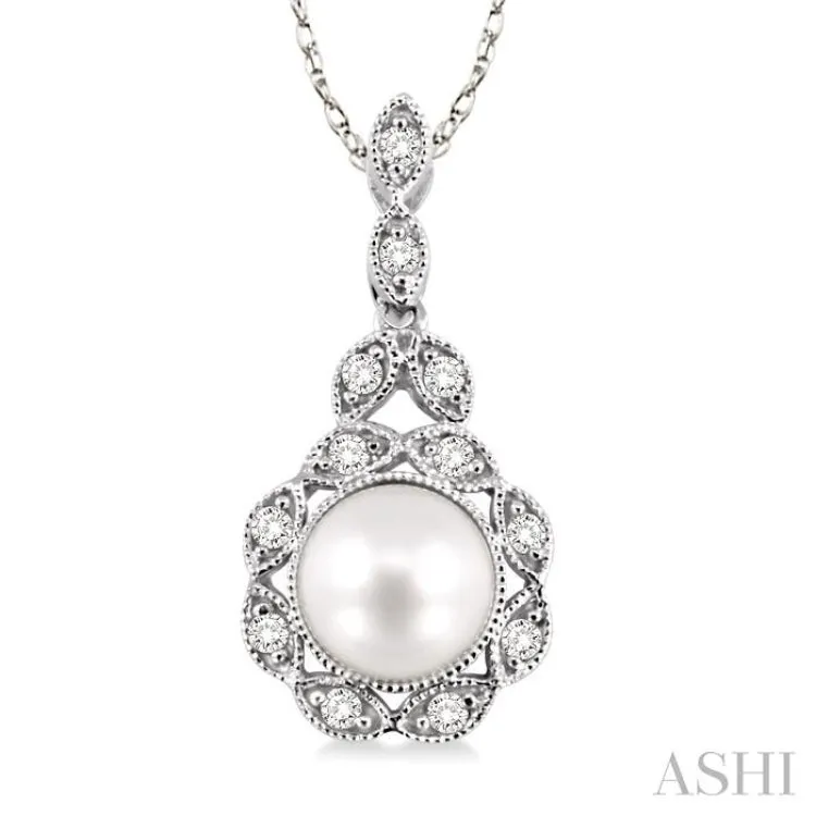 6.5 MM Cultured Pearl and 1/10 Ctw Single Cut Diamond Pendant in 14K White Gold with Chain