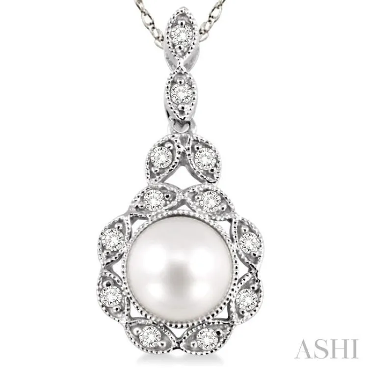 6.5 MM Cultured Pearl and 1/10 Ctw Single Cut Diamond Pendant in 14K White Gold with Chain