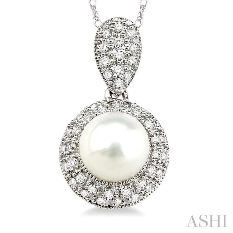 6.5 MM Cultured Pearl and 1/4 Ctw Single Cut Diamond Pendant in 14K White Gold with Chain