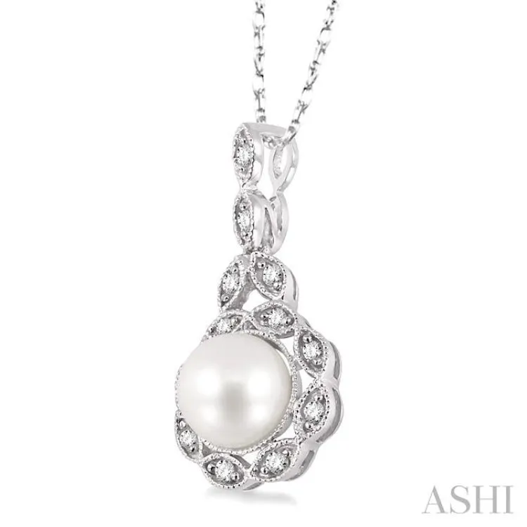 6.5mm Cultured Pearl and 1/10 Ctw Single Cut Diamond Pendant in 14K White Gold with Chain