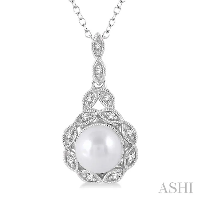 6.5x6.5 mm Cultured Pearl and 1/20 Ctw Single Cut Diamond Pendant in Sterling Silver with Chain