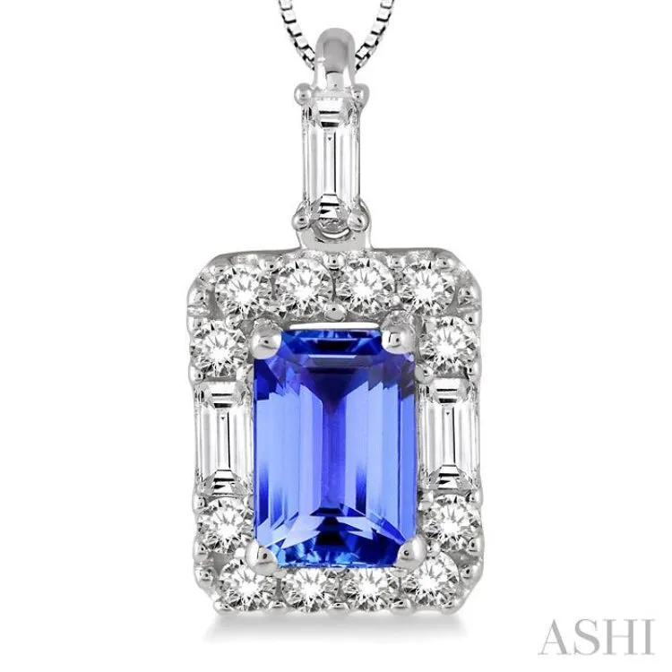 6x4 MM Octagon Cut Tanzanite and 1/3 Ctw Round Cut Diamond Pendant in 14K White Gold with Chain