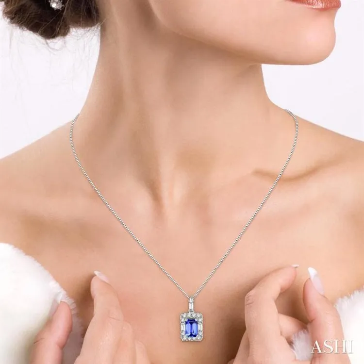 6x4 MM Octagon Cut Tanzanite and 1/3 Ctw Round Cut Diamond Pendant in 14K White Gold with Chain