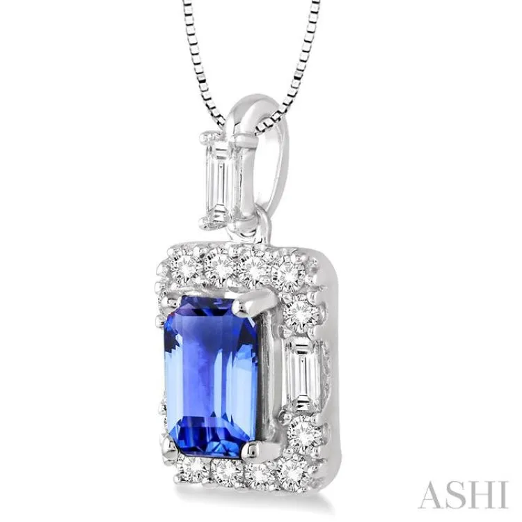 6x4 MM Octagon Cut Tanzanite and 1/3 Ctw Round Cut Diamond Pendant in 14K White Gold with Chain