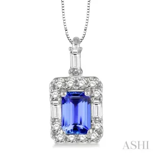 6x4 MM Octagon Cut Tanzanite and 1/3 Ctw Round Cut Diamond Pendant in 14K White Gold with Chain