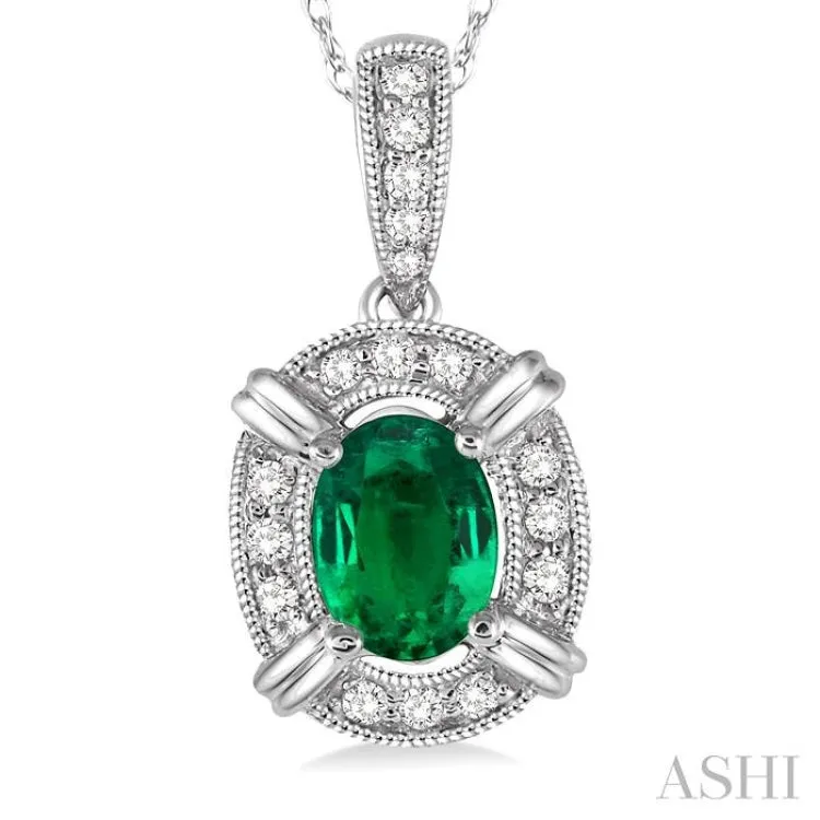 6x4 MM Oval Cut Emerald and 1/10 Ctw Single Cut Diamond Pendant in 10K White Gold with Chain