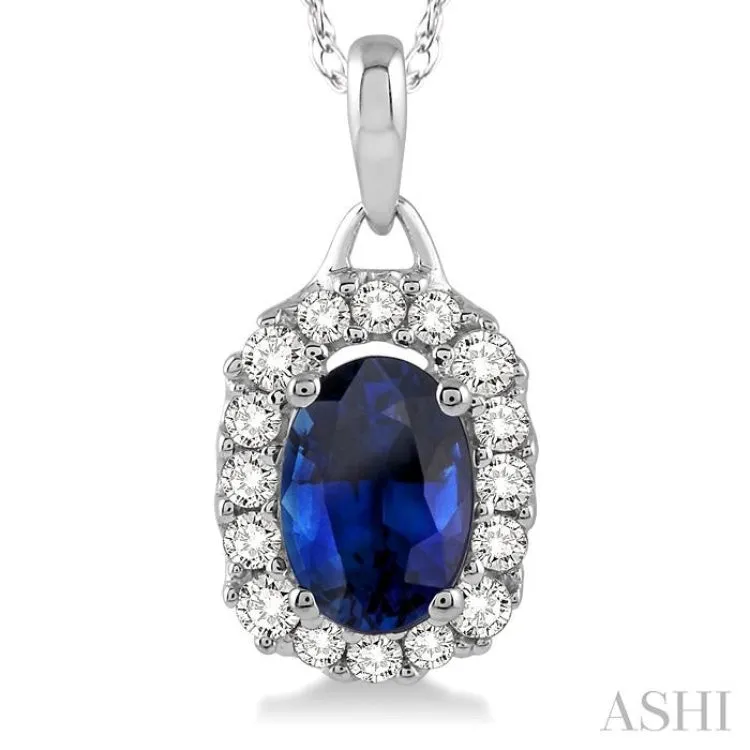 6x4 MM Oval Cut Sapphire and 1/6 Ctw Round Cut Diamond Pendant in 14K White Gold with Chain