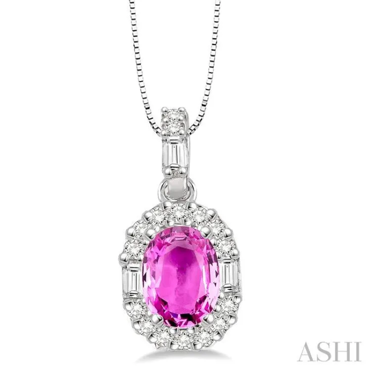 6x4 MM Oval Shape Pink Sapphire and 1/4 Ctw Diamond Pendant in 14K White Gold with Chain