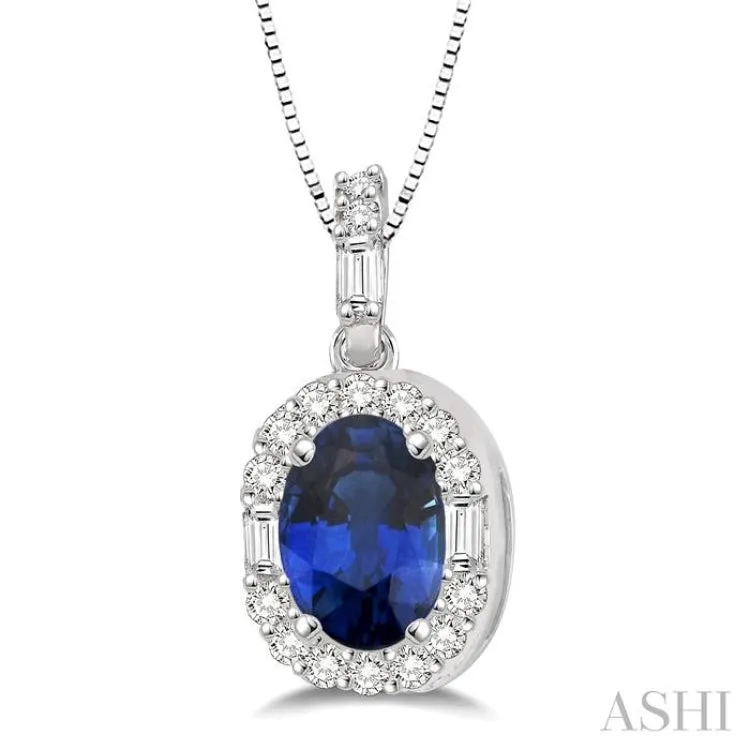 6x4 MM Oval Shape Sapphire and 1/4 Ctw Diamond Pendant in 14K White Gold with Chain