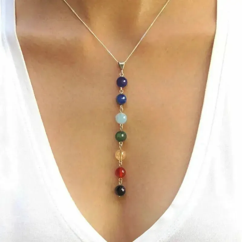 7 Chakra Stone Beads Pendant Necklace And Bracelet Set