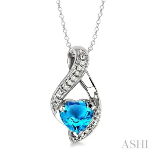 7x7 MM Heart Shape Blue Topaz and 1/20 Ctw Single Cut Diamond Pendant in Sterling Silver with Chain