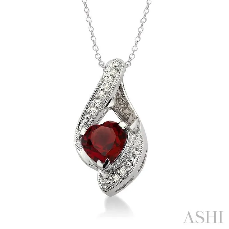 7x7MM Heart Shape Garnet and 1/20 Ctw Single Cut Diamond Pendant in Sterling Silver with Chain