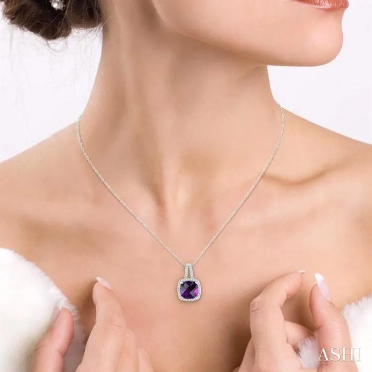 8x8 MM Cushion Cut Amethyst and 1/5 Ctw Round Cut Diamond Pendant in 10K White Gold with Chain