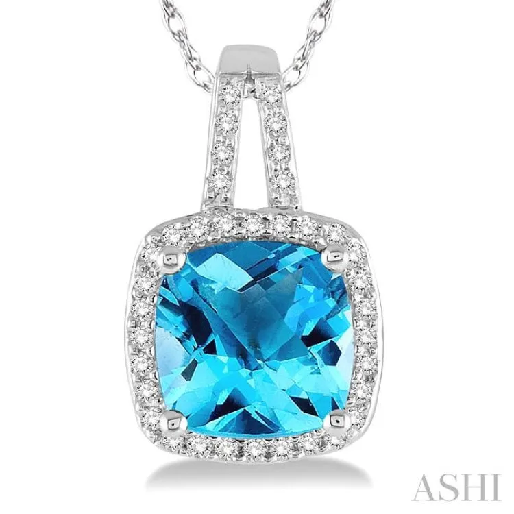 8x8 MM Cushion Cut Blue Topaz and 1/5 Ctw Round Cut Diamond Pendant in 10K White Gold with Chain