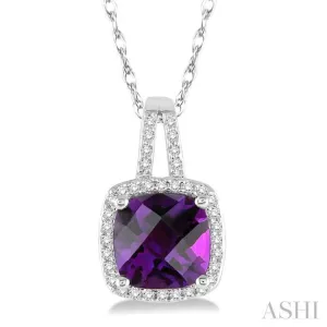 8x8 MM Cushion Shape Amethyst and 1/5 Ctw Round Cut Diamond Pendant in 10K White Gold with Chain