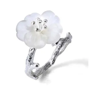 925 Sterling Silver White Crystal Astilboides Tabularis Flowers Open Rings For Women Vintage Style Lady Sterling-silver-jewelry