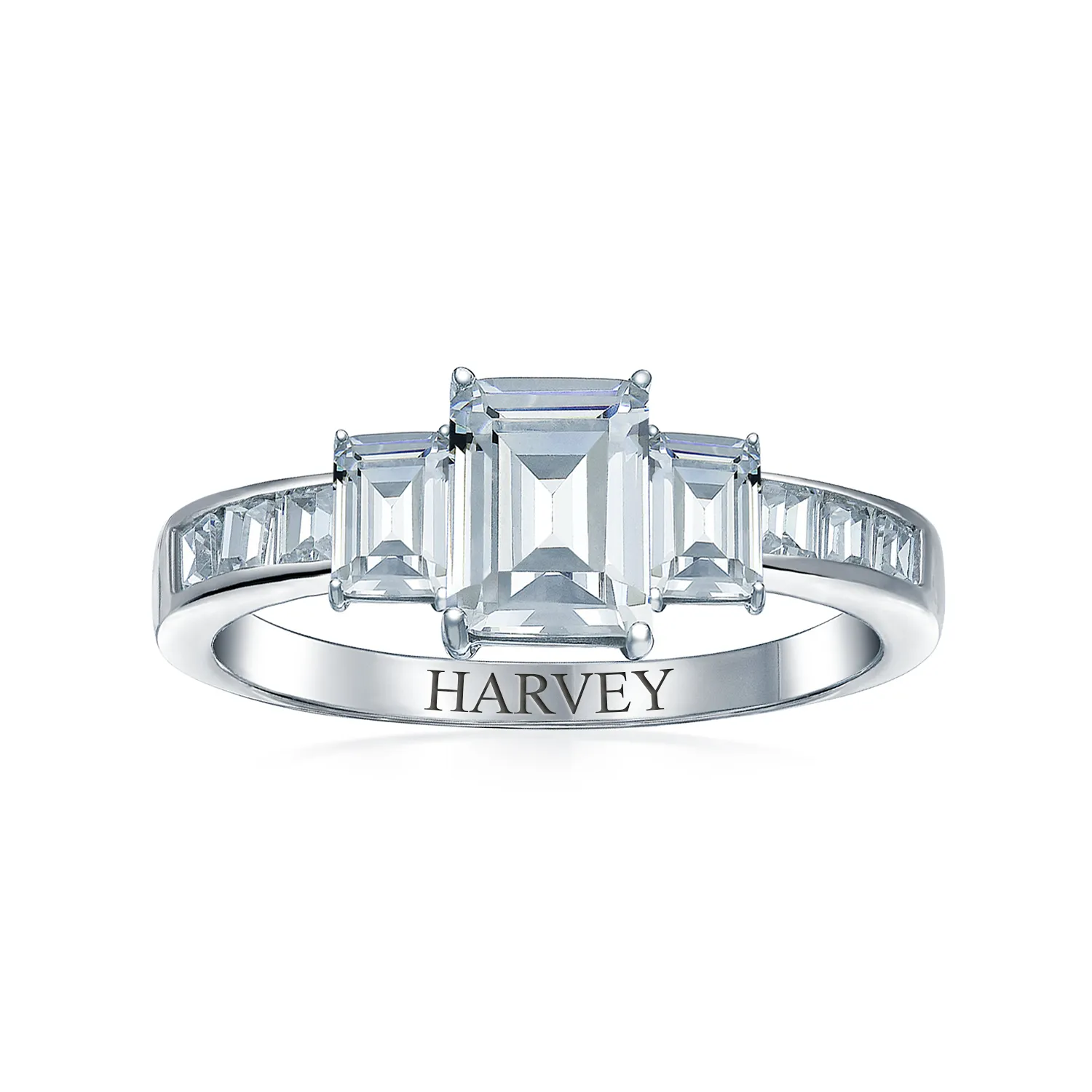 Art Deco 2CT Emerald Cut Engagement Ring with Baguette Side Stones in Silver