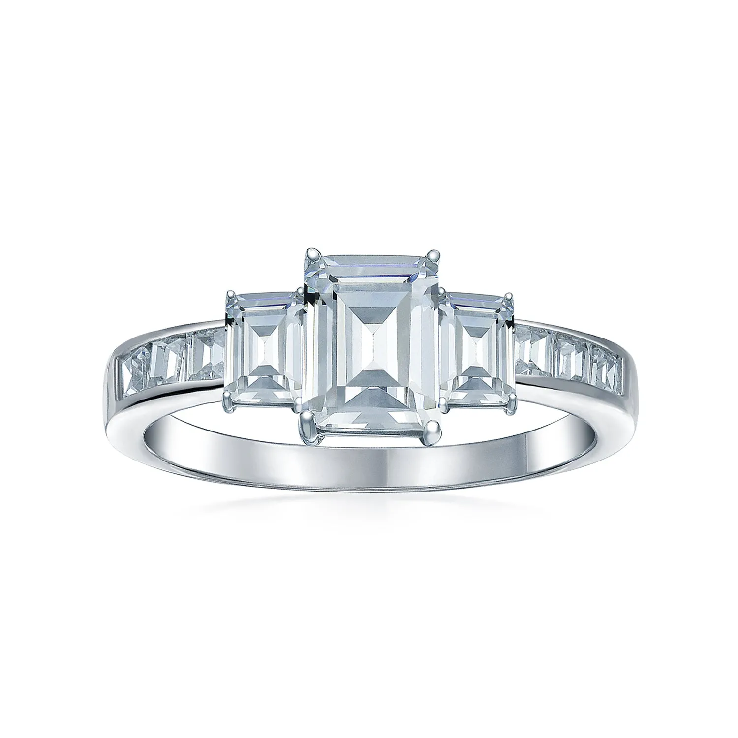 Art Deco 2CT Emerald Cut Engagement Ring with Baguette Side Stones in Silver