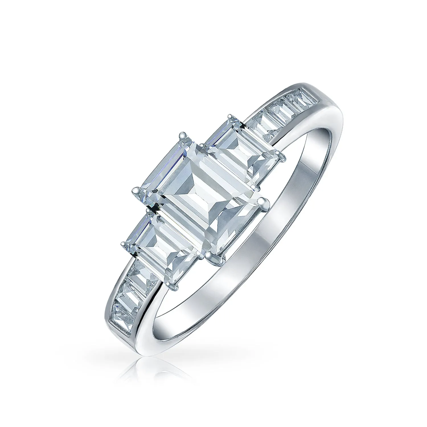 Art Deco 2CT Emerald Cut Engagement Ring with Baguette Side Stones in Silver