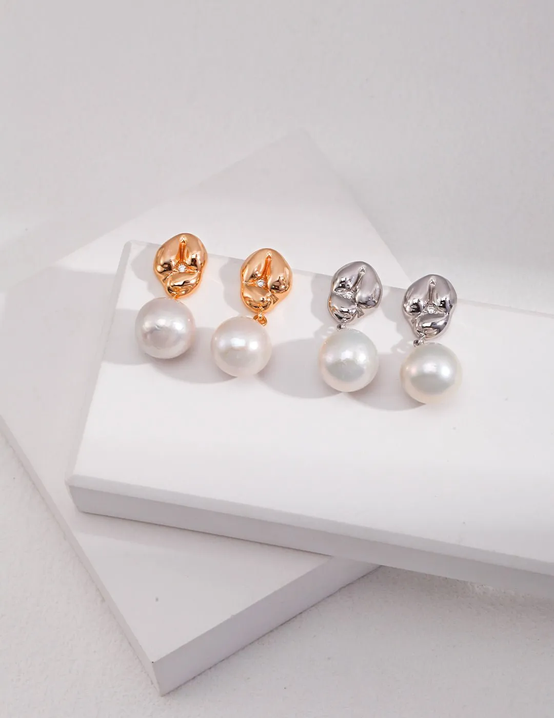 Asymmetrical Textured Pearl Earrings with Zircon Accents