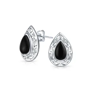 Bali Style Black Onyx Teardrop Stud Earrings in Sterling Silver, 15MM Gemstone