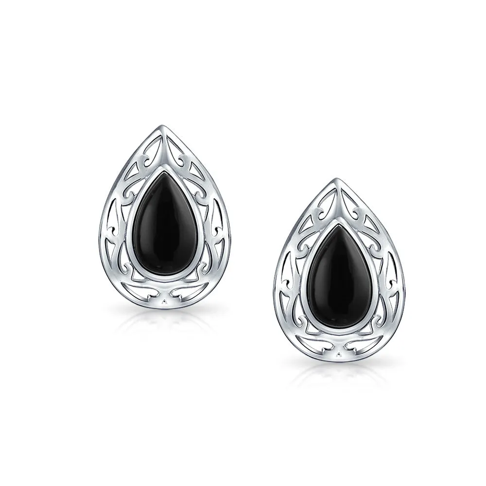 Bali Style Black Onyx Teardrop Stud Earrings in Sterling Silver, 15MM Gemstone