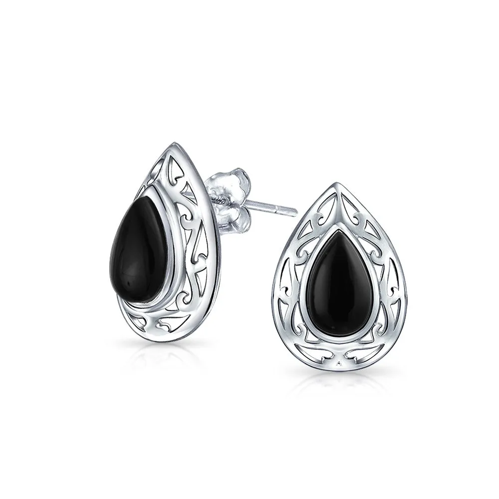 Bali Style Black Onyx Teardrop Stud Earrings in Sterling Silver, 15MM Gemstone