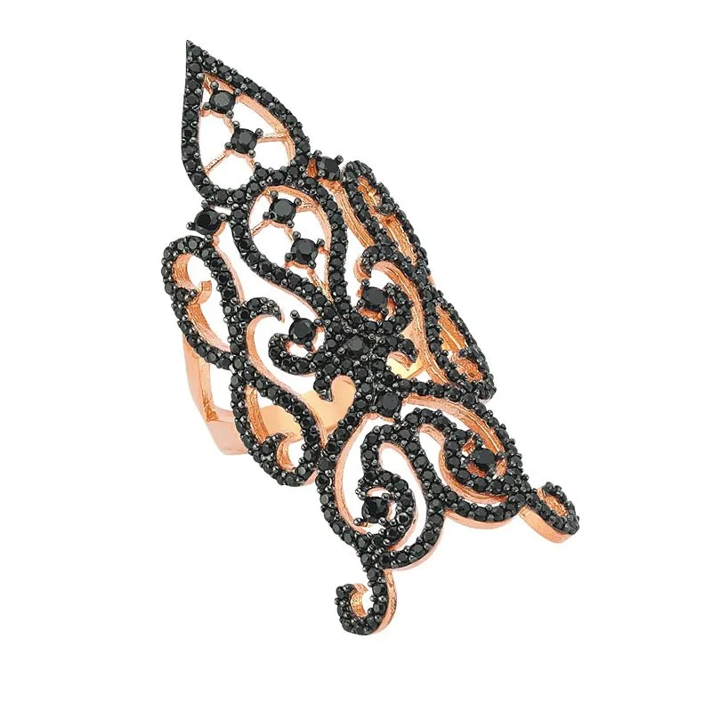 Black Diana Silver Long Full Finger Ring in Rose Gold