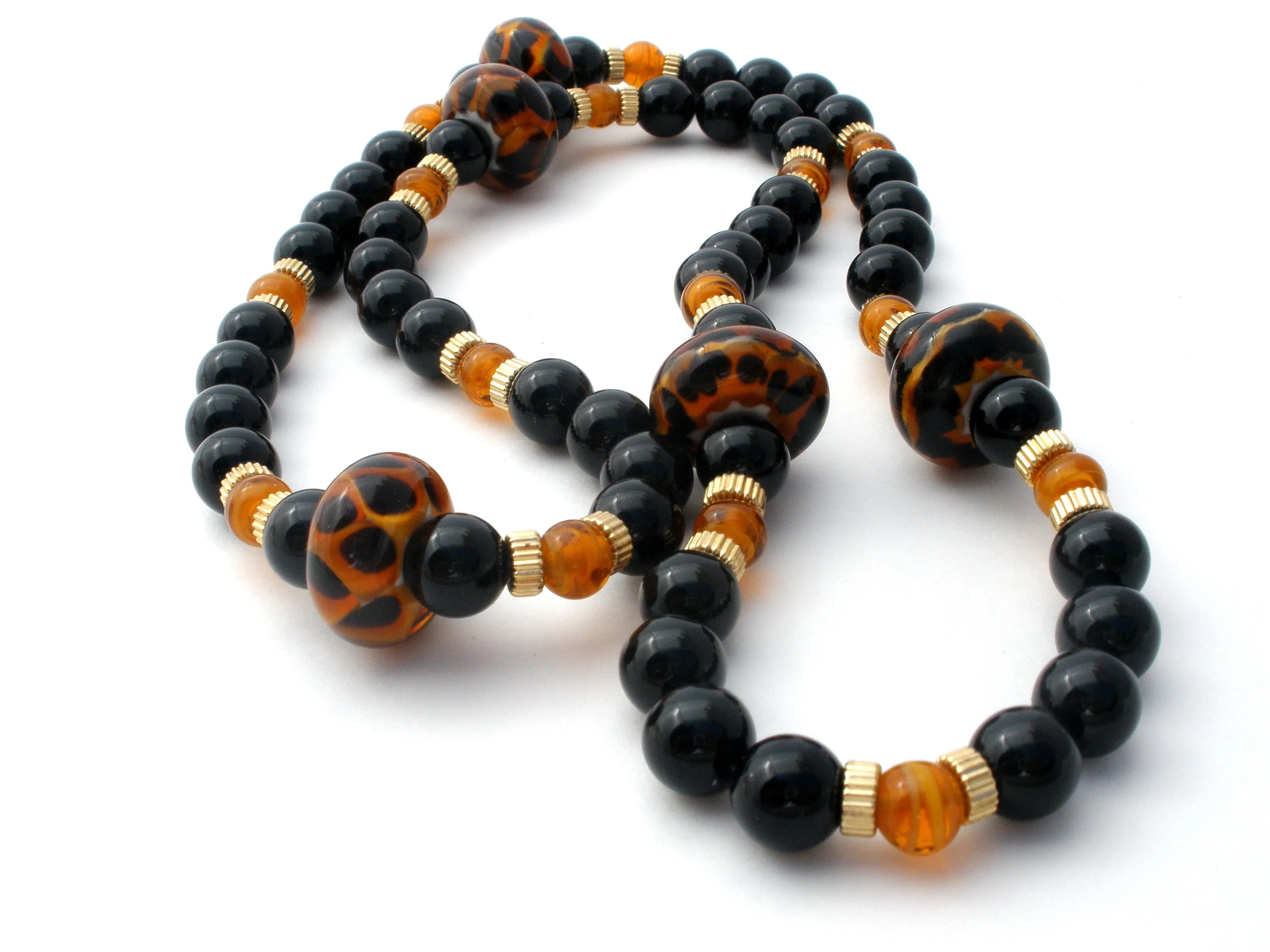 Black Onyx Bead Necklace with Amber Art Glass