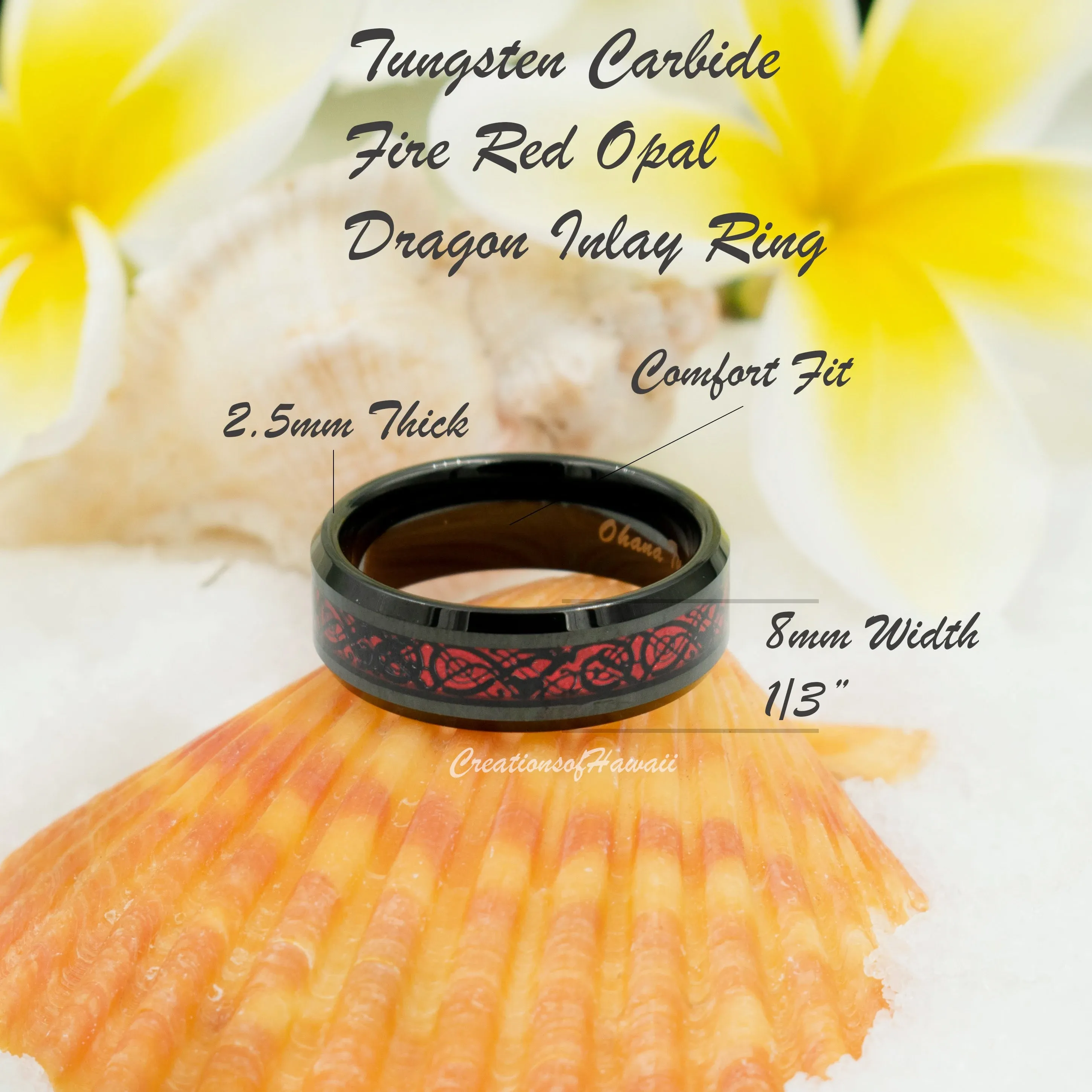 Black Tungsten Carbide Ring With Red Fire Opal & Black Celtic Dragon Inlay.  8mm Black Rhodium Plated, Beveled Edge, Comfort Fit Band.