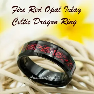 Black Tungsten Carbide Ring With Red Fire Opal & Black Celtic Dragon Inlay.  8mm Black Rhodium Plated, Beveled Edge, Comfort Fit Band.