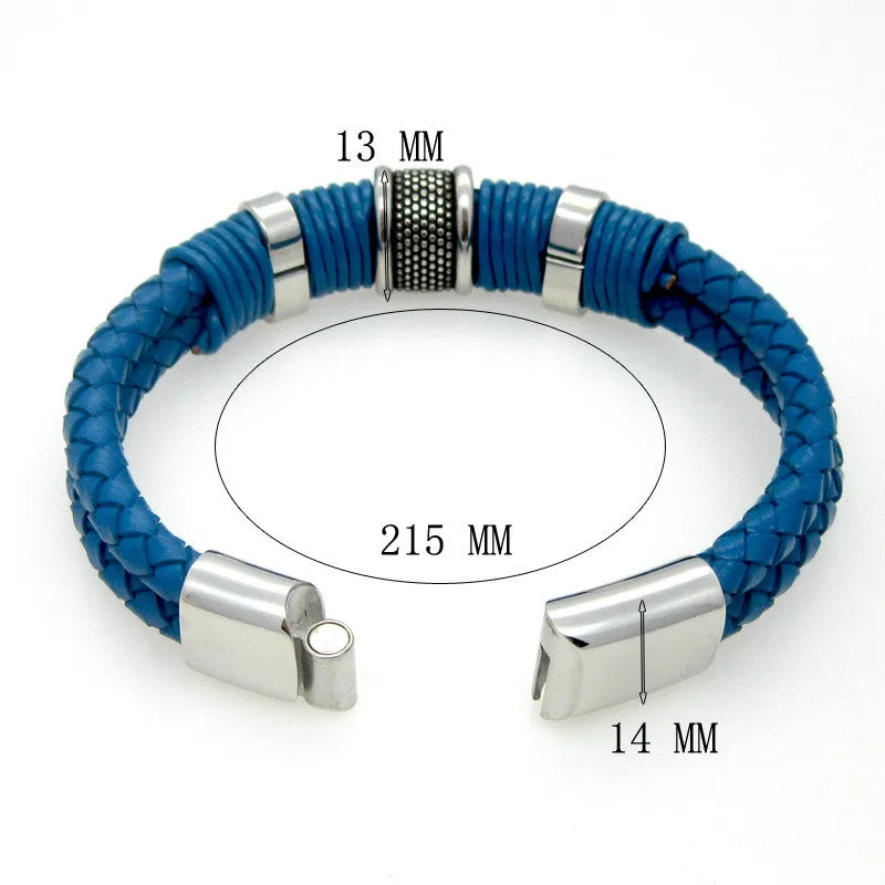 Blue Genuine Leather Bracelet Men Jewelry Stainless Steel Leather Braid Bracelet With Magnetic Buckle Claps pulseiras masculina