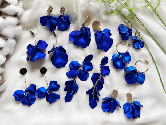 Blue - Royal blue iridescent flower earrings | dangle petals baroque earrings | unique gold floral earrings | bridal party wedding earrings