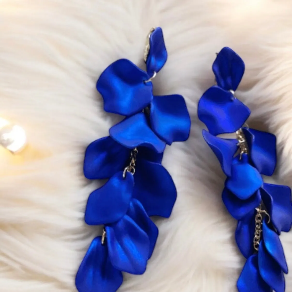 Blue - Royal blue iridescent flower earrings | dangle petals baroque earrings | unique gold floral earrings | bridal party wedding earrings