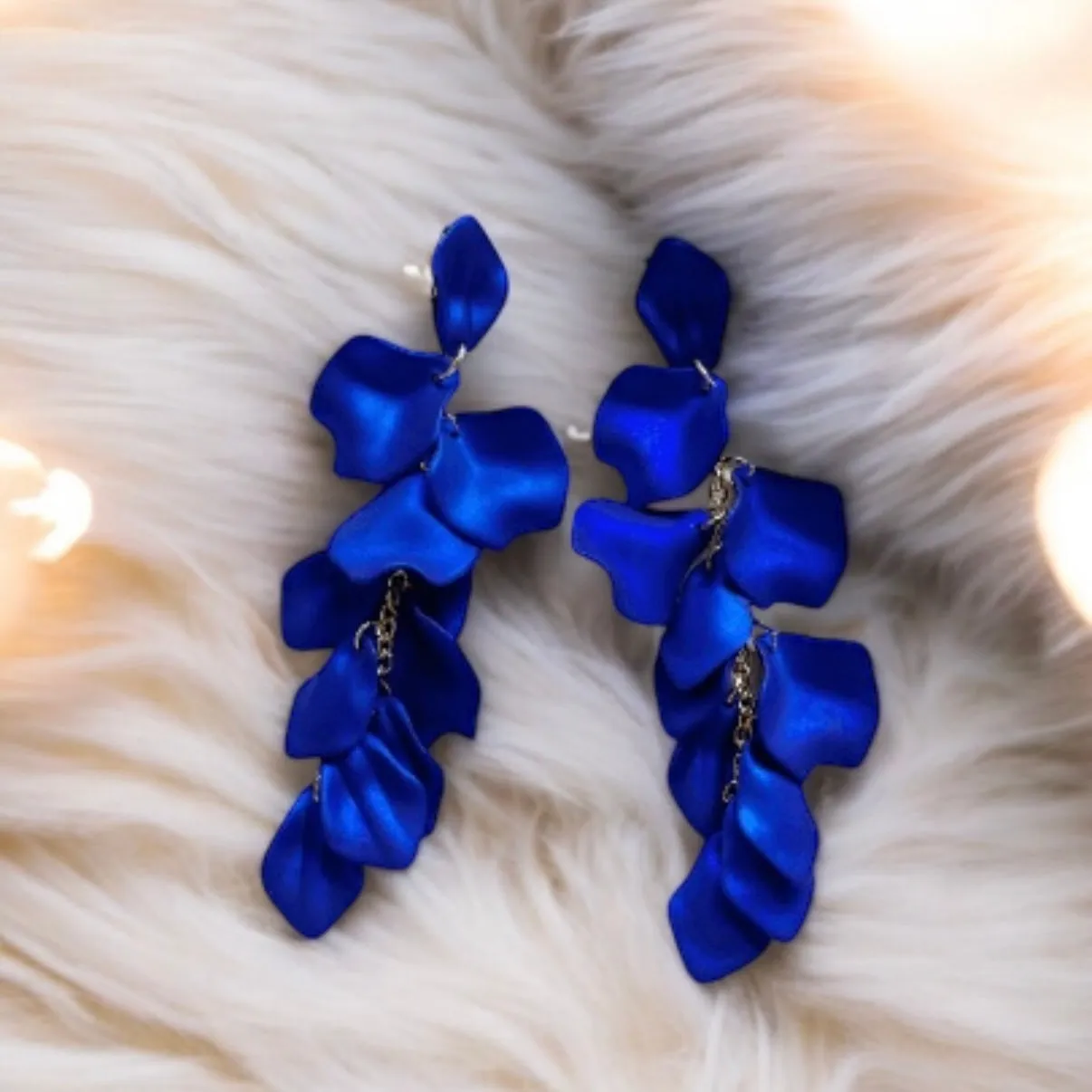 Blue - Royal blue iridescent flower earrings | dangle petals baroque earrings | unique gold floral earrings | bridal party wedding earrings