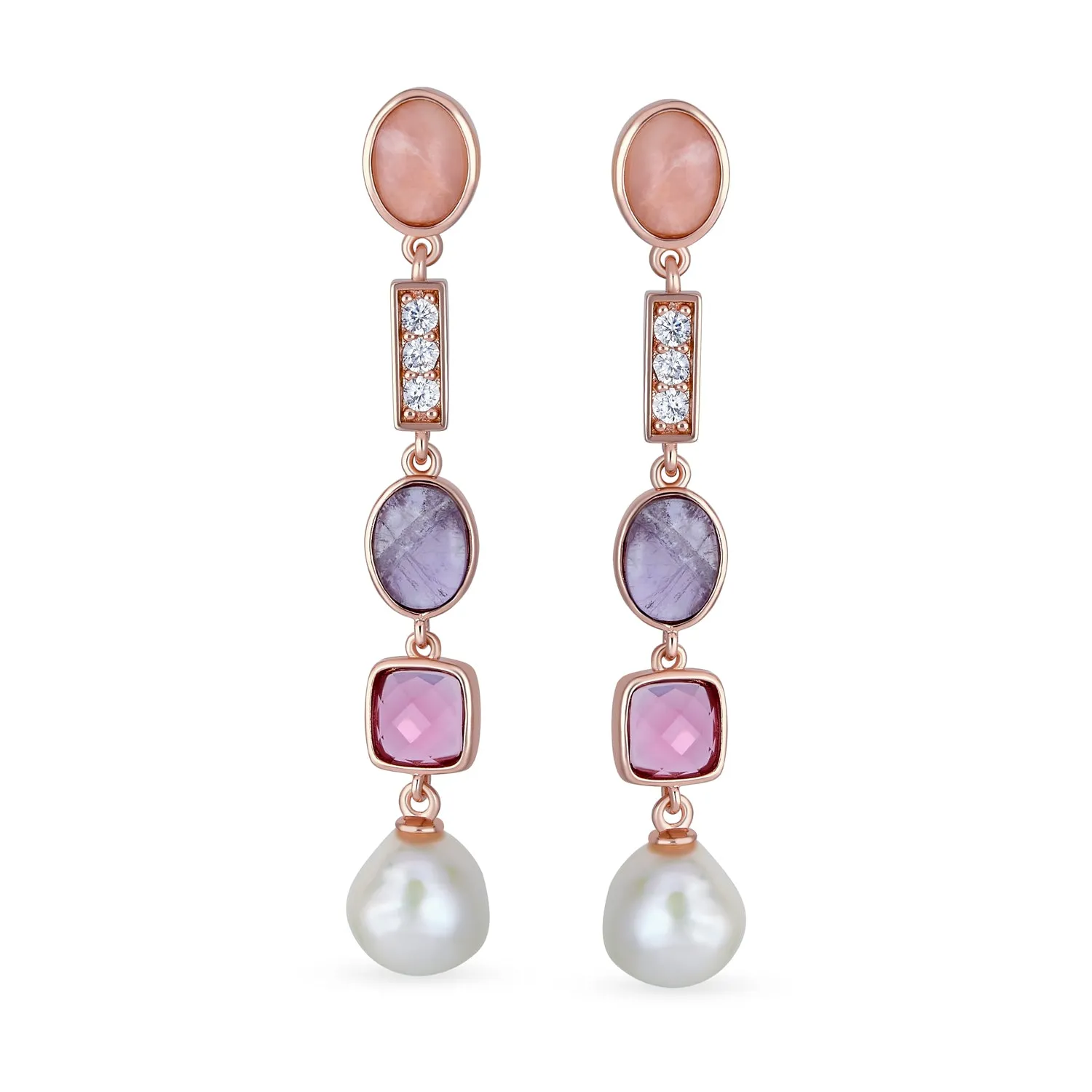 Boho Tri Tone Dangle Gemstone Earrings with Pearl Tourmaline & Amethyst Rose Gold