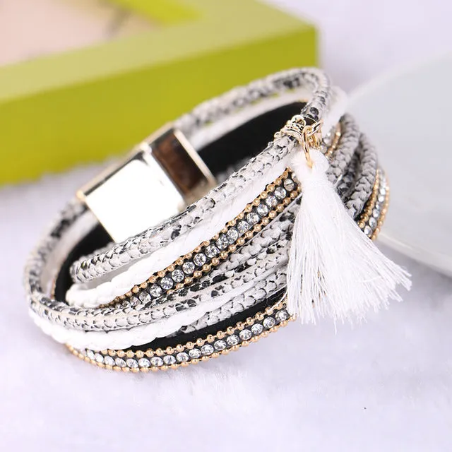 Braided Multilayer Rhinestone Leather Bracelet Femme 2016 Brazilian Beach Magnet Buckle Tassel Friendship Bracelets Boho Jewelry