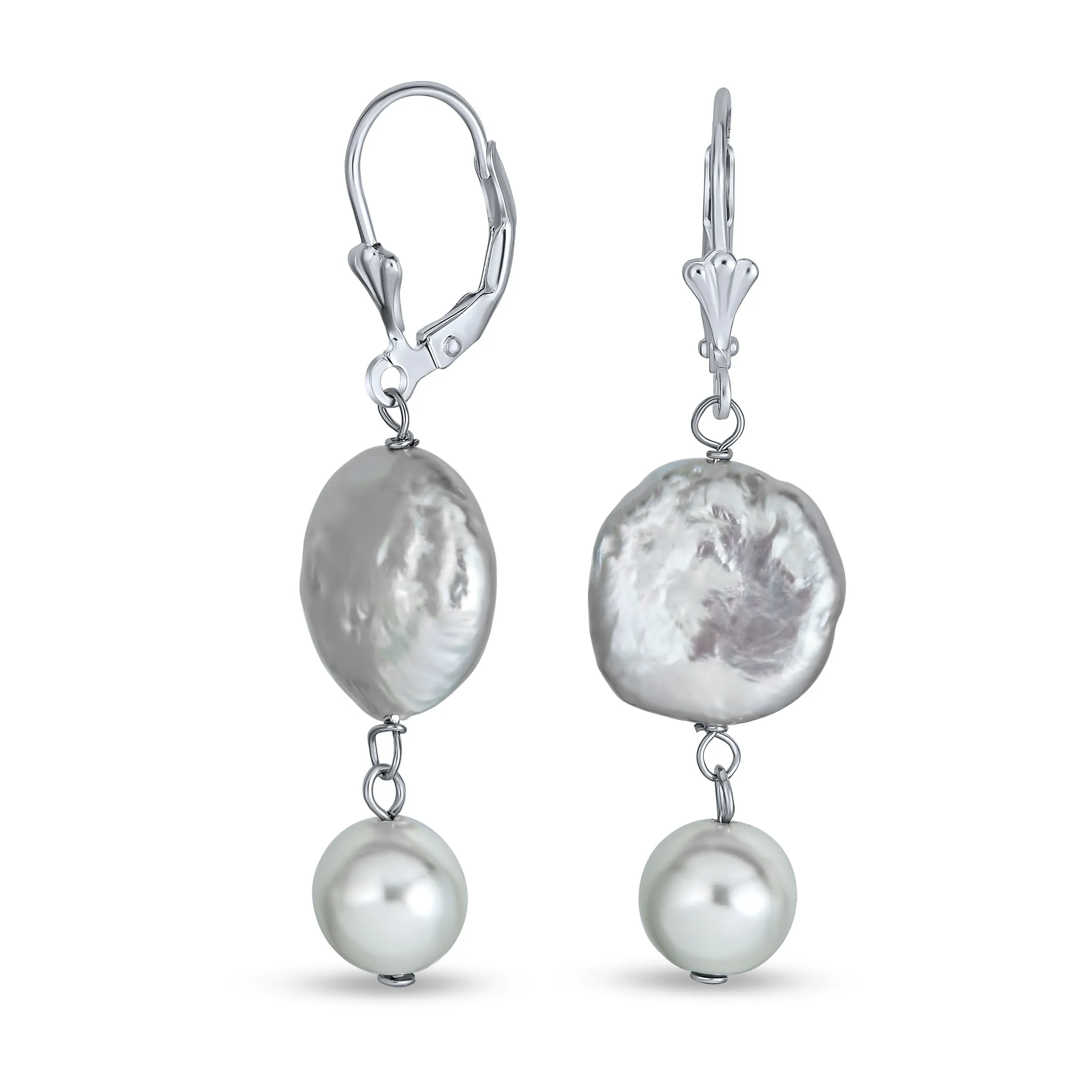 Bridal White Coin Biwa Pearl Dangle Earrings in Sterling Silver Lever Back