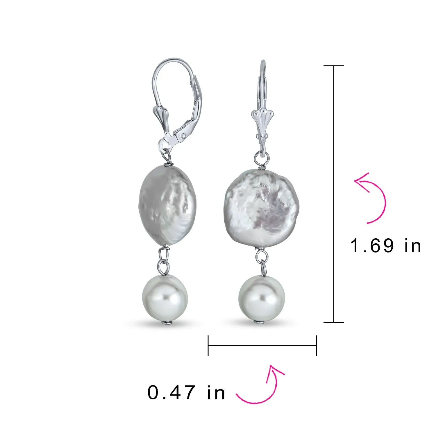 Bridal White Coin Biwa Pearl Dangle Earrings in Sterling Silver Lever Back