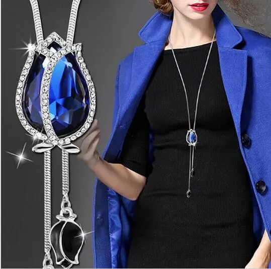 BYSPT Zircon Snowflake Long Necklace Sweater Chain Fashion Fine Metal Chain Crystal Rhinestone Flower Pendant Necklaces Adjusted